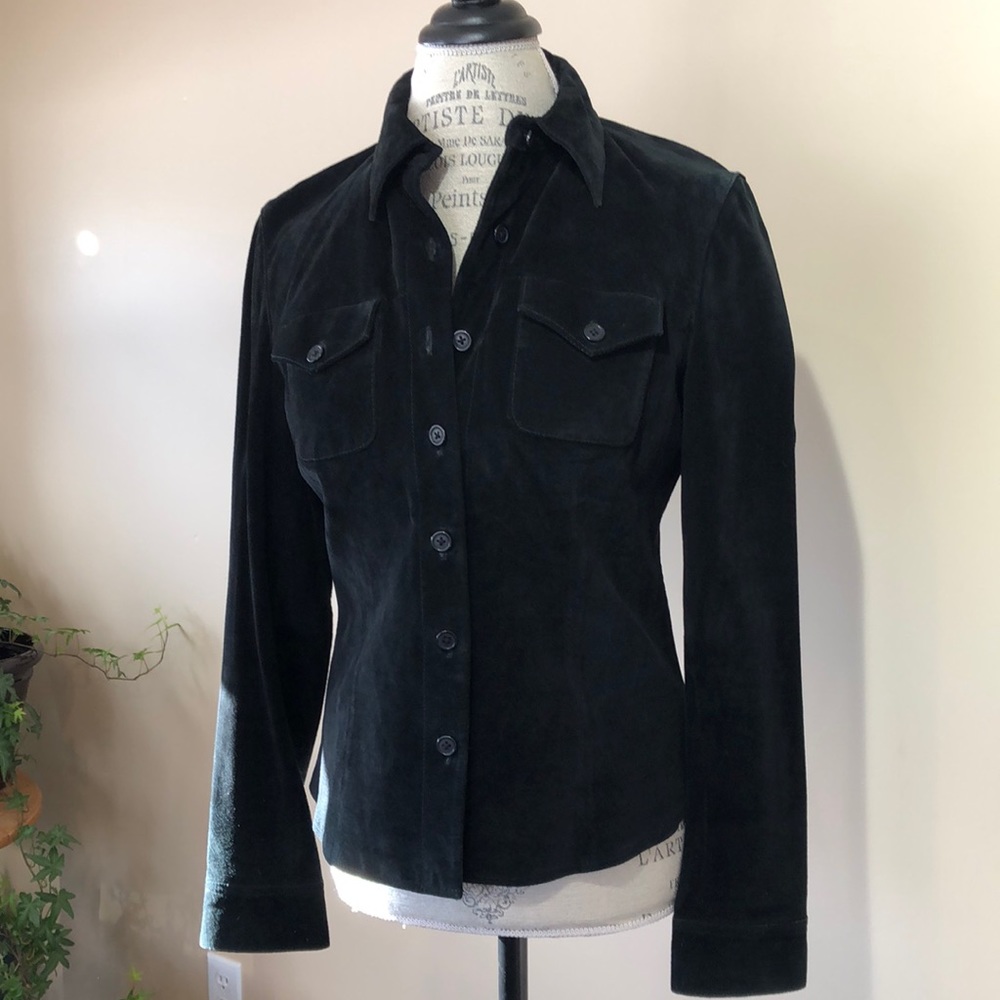 Suede Button Down Shacket, Black (size small)